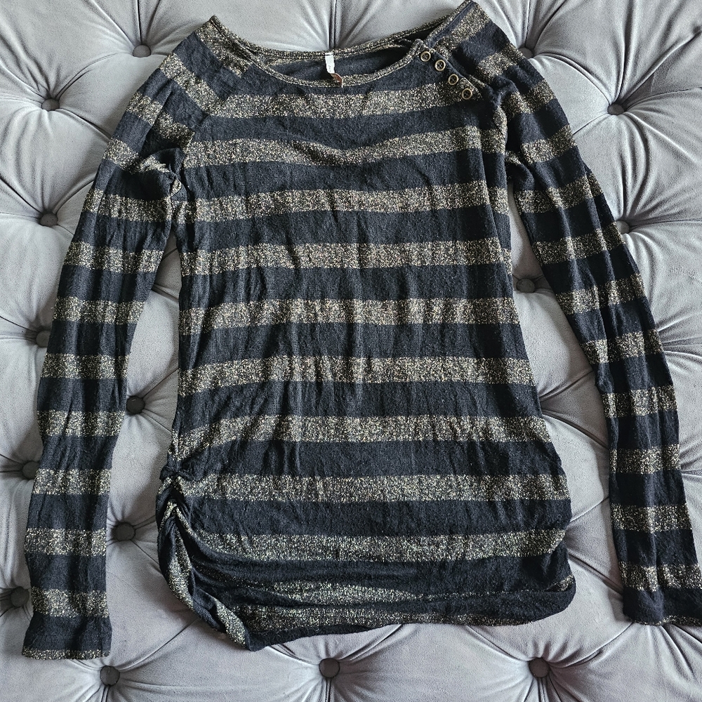 Olivia Moon Striped Long Sleeve Ruched Knit Top Black Gold Sz L